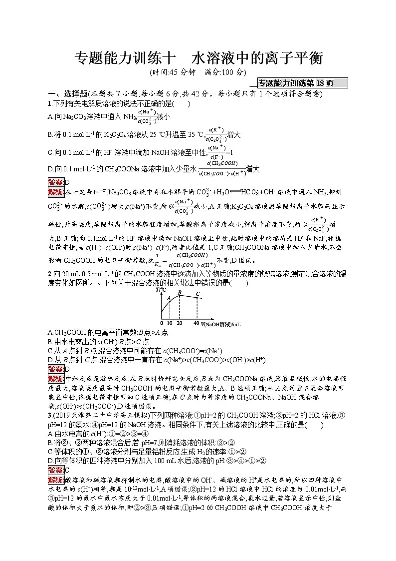 2020届二轮复习 10水溶液中的离子平衡 作业（天津专用） 练习01