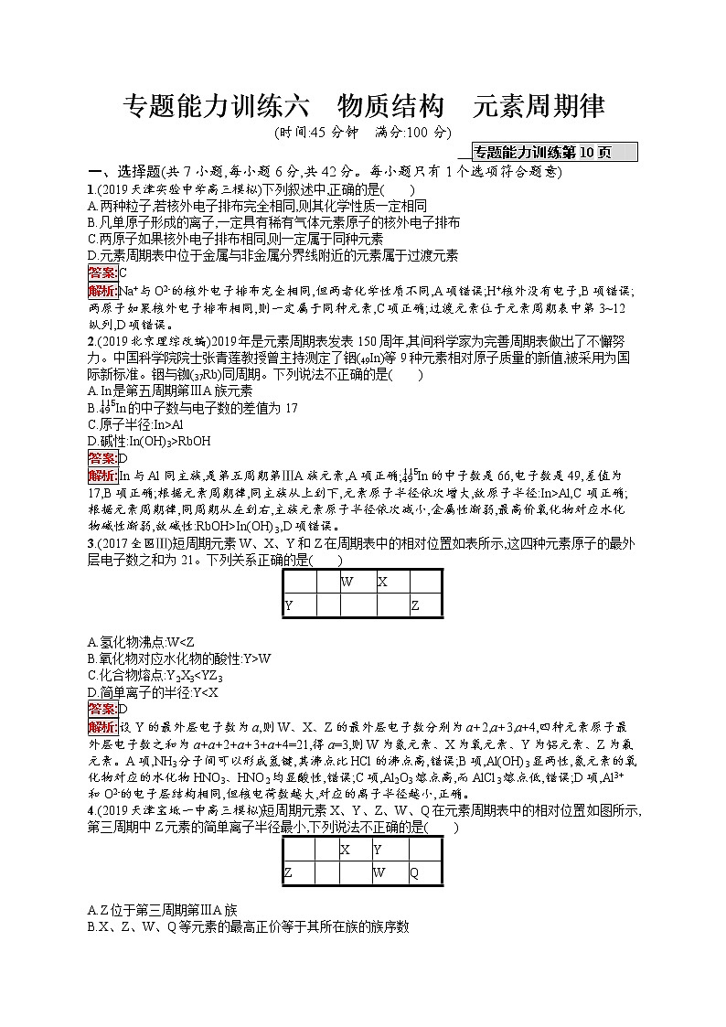 2020届二轮复习 6物质结构　元素周期律 作业（天津专用） 练习01