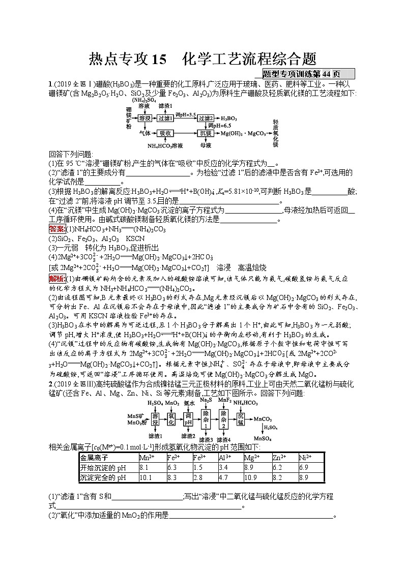 2020届二轮复习 15化学工艺流程综合题 作业（天津专用）01