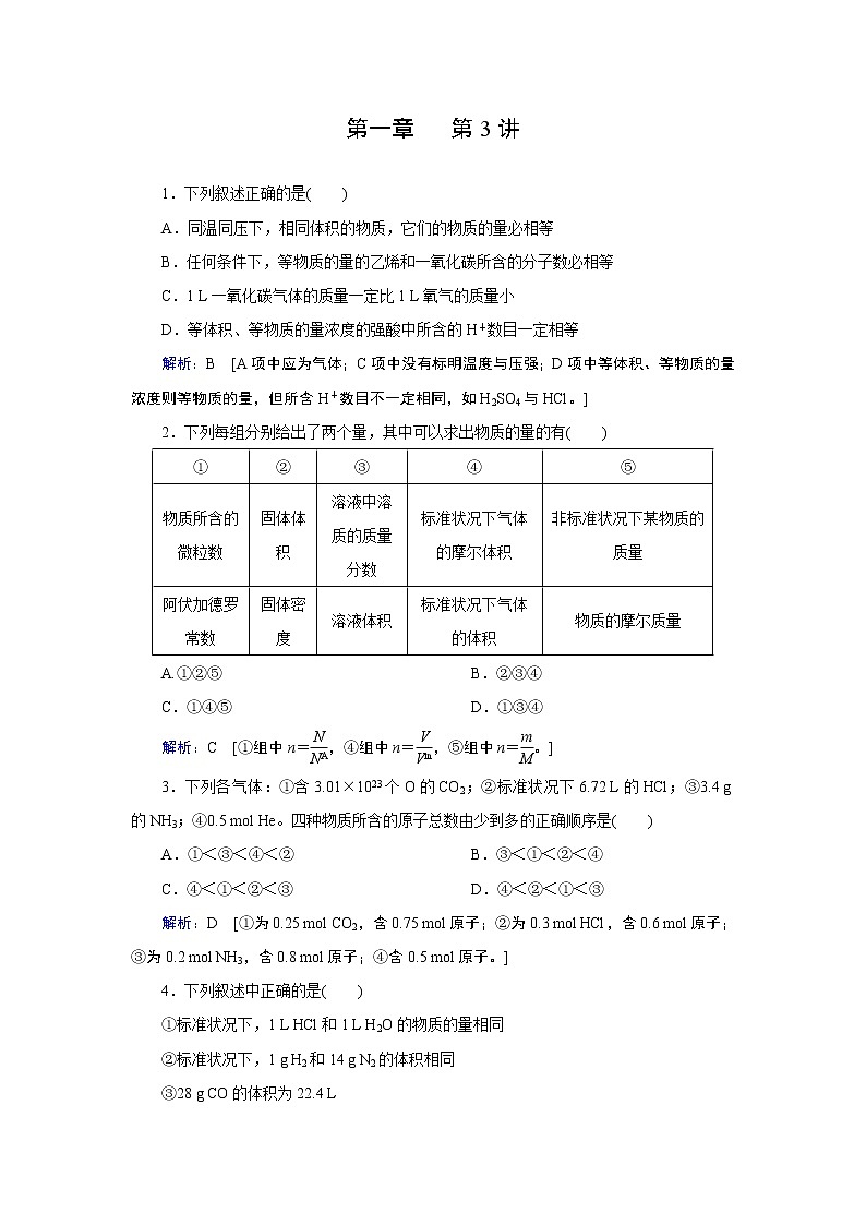 2019届二轮复习  物质的量 气体摩尔体积 作业（全国通用） 练习01
