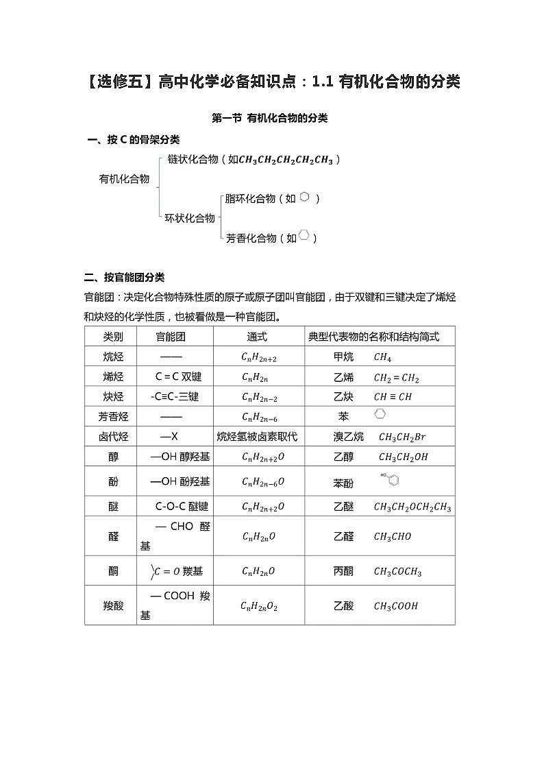 2019届高考化学二轮复习高中化学有机化合物的分类学案01