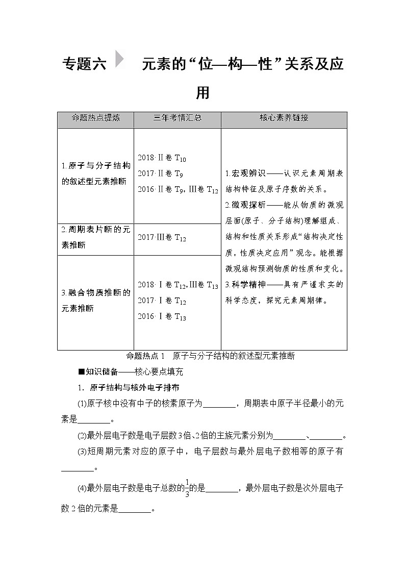 2019届高考化学二轮复习元素的“位—构—性”关系及应用学案01