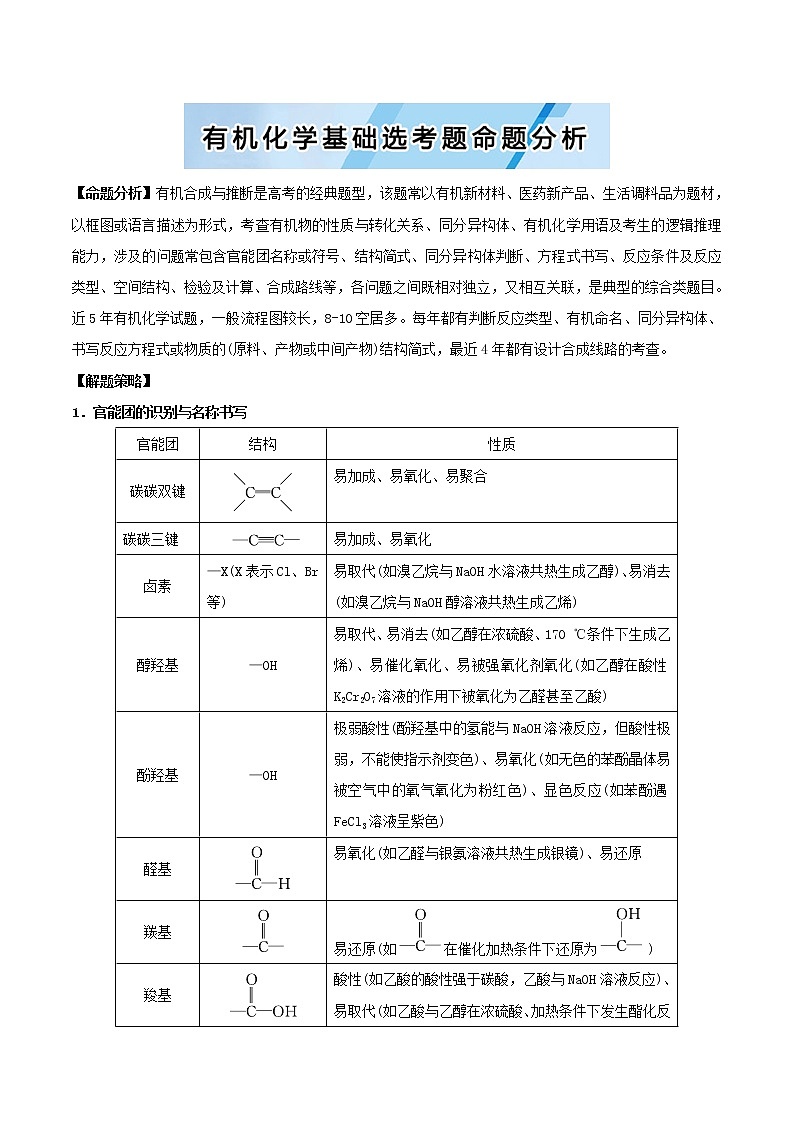 2019届二轮复习 有机化学基础（选考）题命题分析 学案（全国通用）01