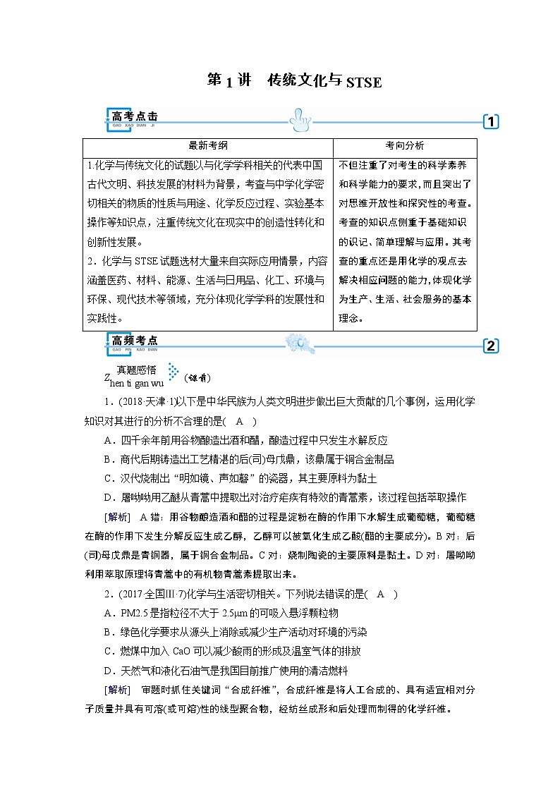 2019届高考化学二轮复习第1讲　传统文化与STSE学案01
