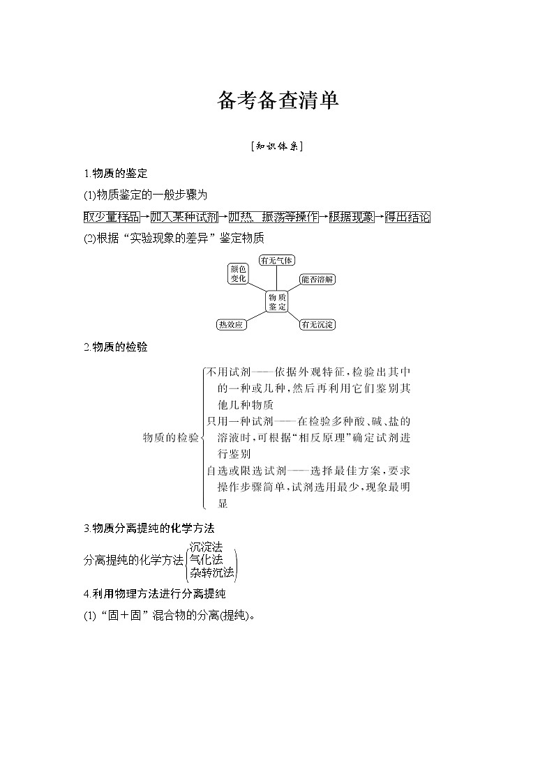 2019高考化学高分突破二轮复习专题二十二物质的检验与鉴别、分离与提纯备考备查清单学案01