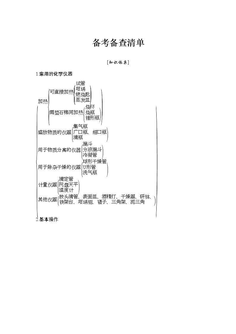2019高考化学高分突破二轮复习专题二十一化学实验基本方法备考备查清单学案01