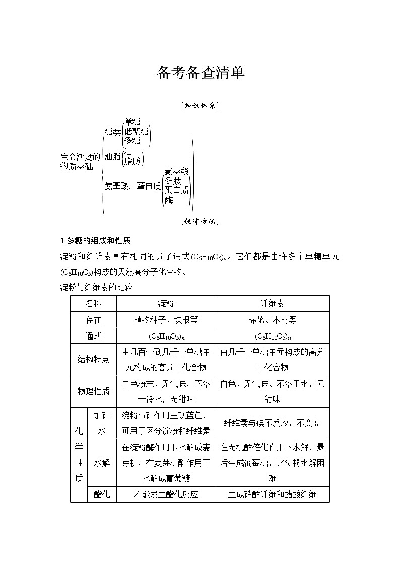 2019高考化学高分突破二轮复习专题十九生命活动的物质基础备考备查清单学案01