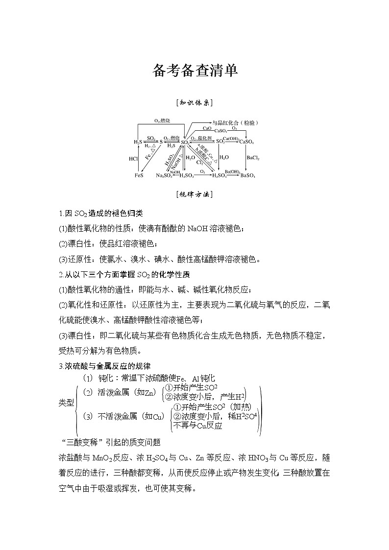 2019高考化学高分突破二轮复习专题十三硫及其化合物　环境保护备考备查清单学案01