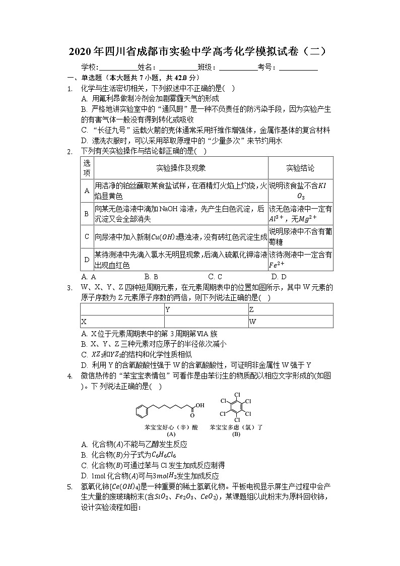 四川省成都石室中学2020届高三高考适应性考试（二）化学试题01