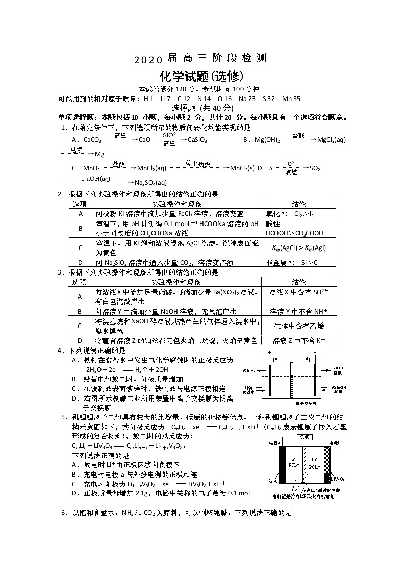 江苏省如皋中学2020届高三下学期阶段检测化学试题01