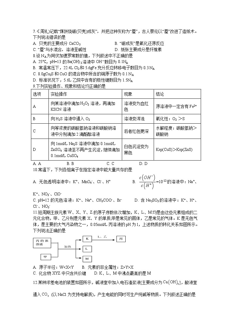 四川省宜宾市叙州区第一中学校2020届高三下学期高考适应性考试理综-化学试题01