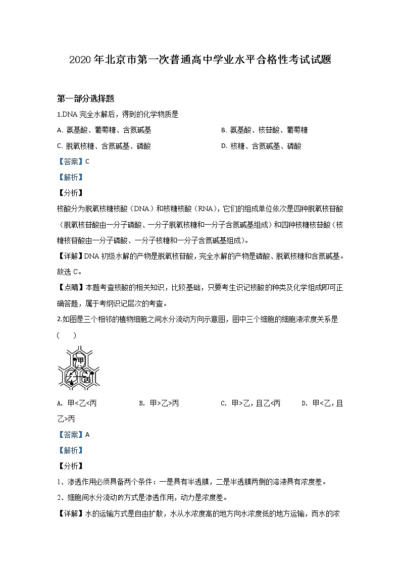2020年北京市第一次普通高中学业水平合格性考试化学试题第1页