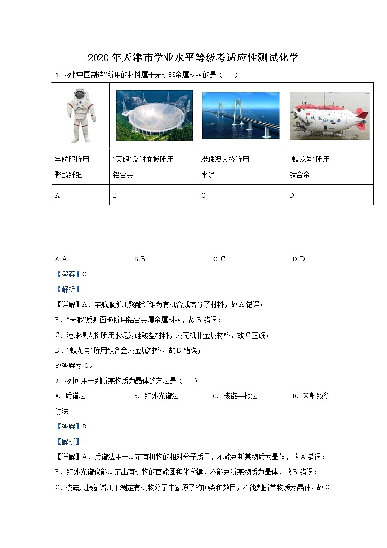 2020年天津市学业水平等级考适应性测试化学试题01