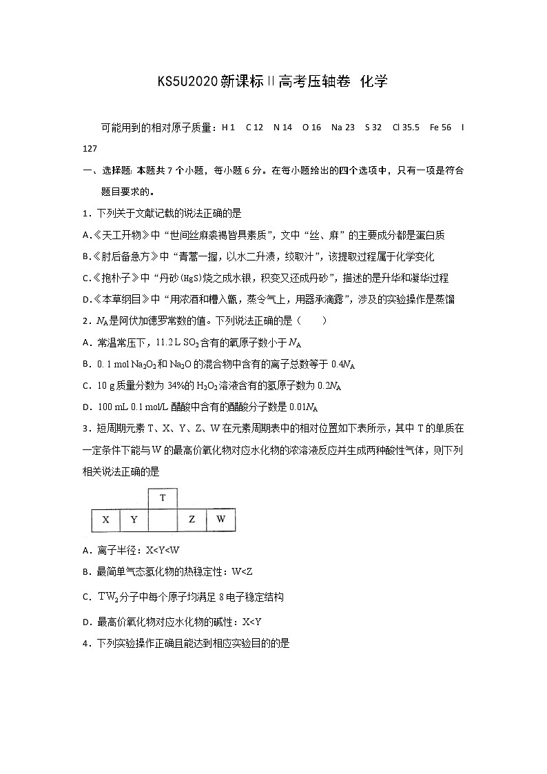 2020全国卷Ⅱ高考压轴卷 化学01
