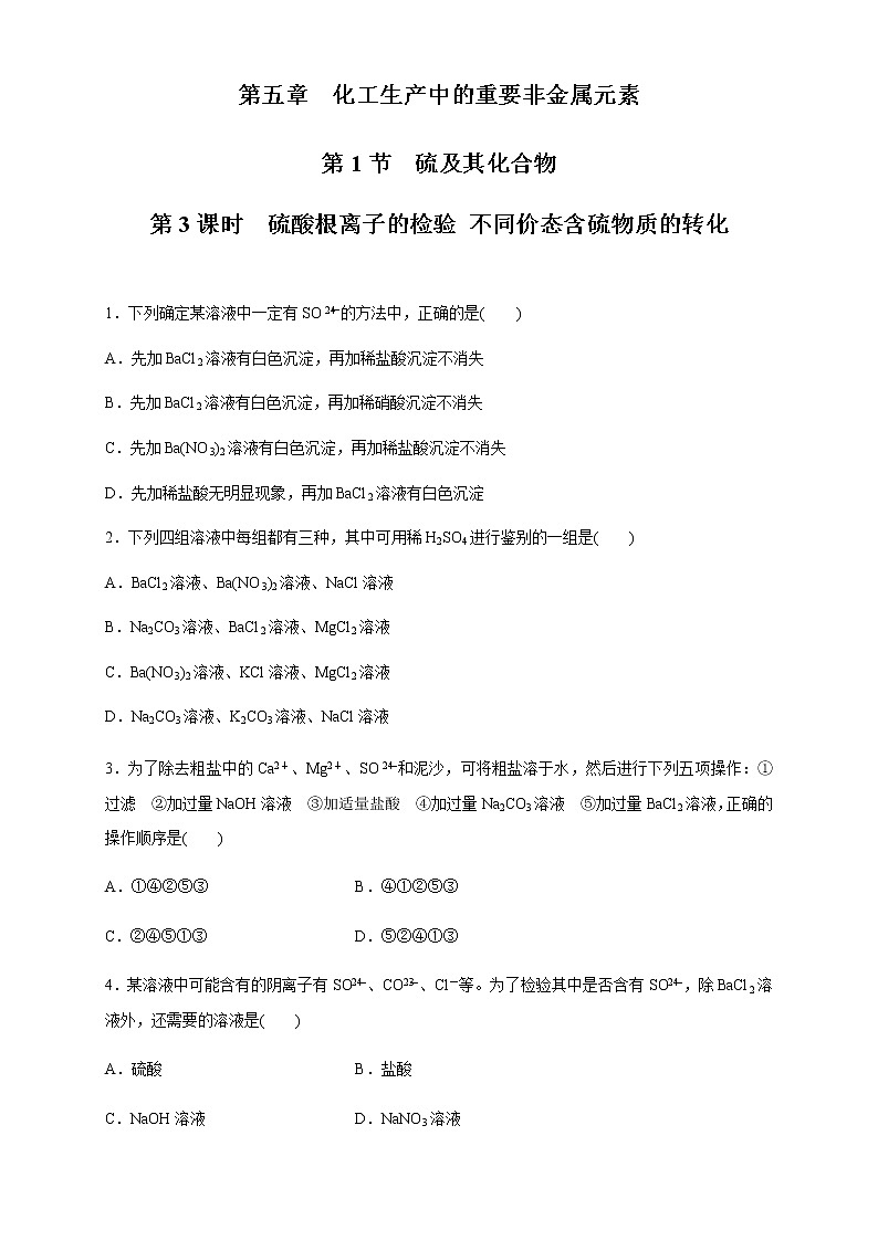 【新教材精创】5.1.3 硫酸根离子的检验 不同价态含硫物质的转化 练习（1）（原卷版）第1页