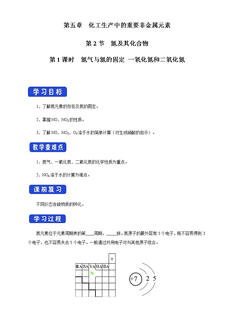 【新教材精创】5.2.1 氮气与氮的固定 一氧化氮和二氧化氮 学案（1）-人教版高中化学必修第二册01