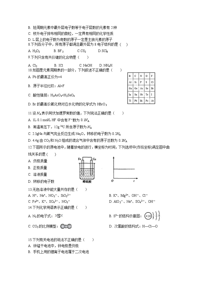 黑龙江省哈尔滨师范大学附属中学2019-2020学年高一下学期考试化学试题02