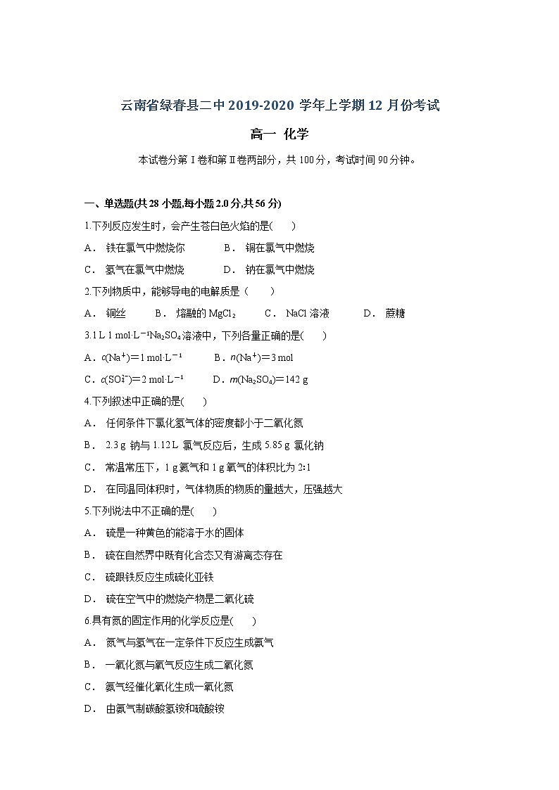云南省绿春县二中2019-2020学年高一上学期12月月考化学试题01