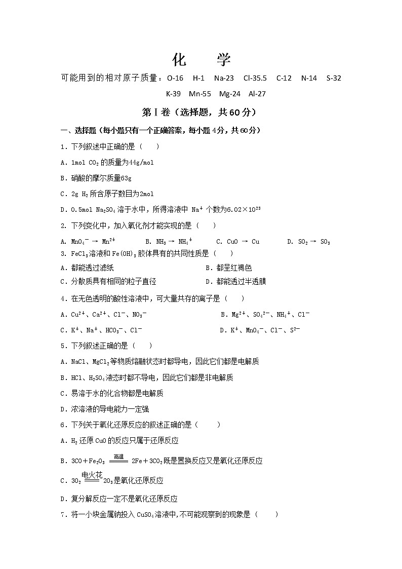 云南省曲靖市会泽县茚旺高级中学2019-2020学年高一11月月考化学试卷01