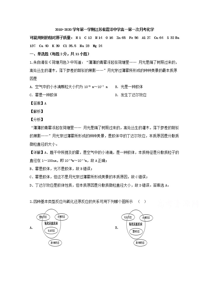 江苏省苏州市震泽中学2019-2020学年高一上学期第一次月考（非杨班）化学试题01