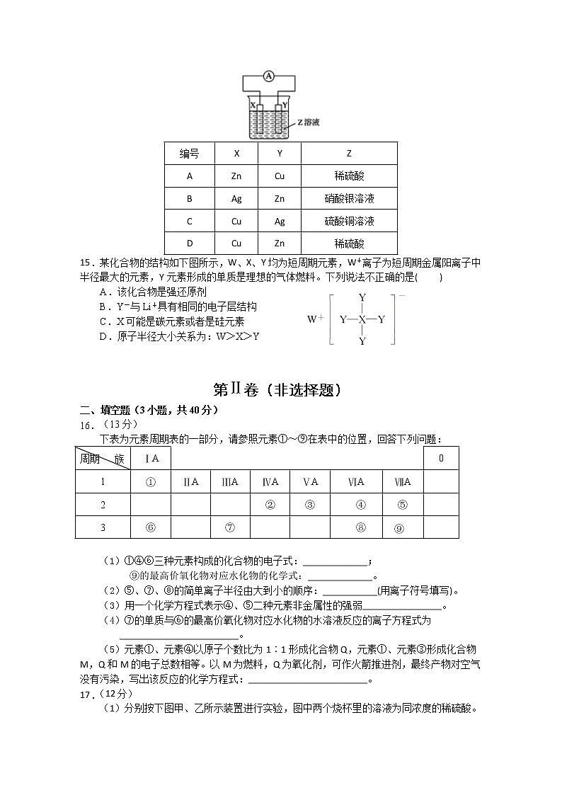 湖北省应城市第一高级中学2019-2020学年高一下学期期中考试化学试题03