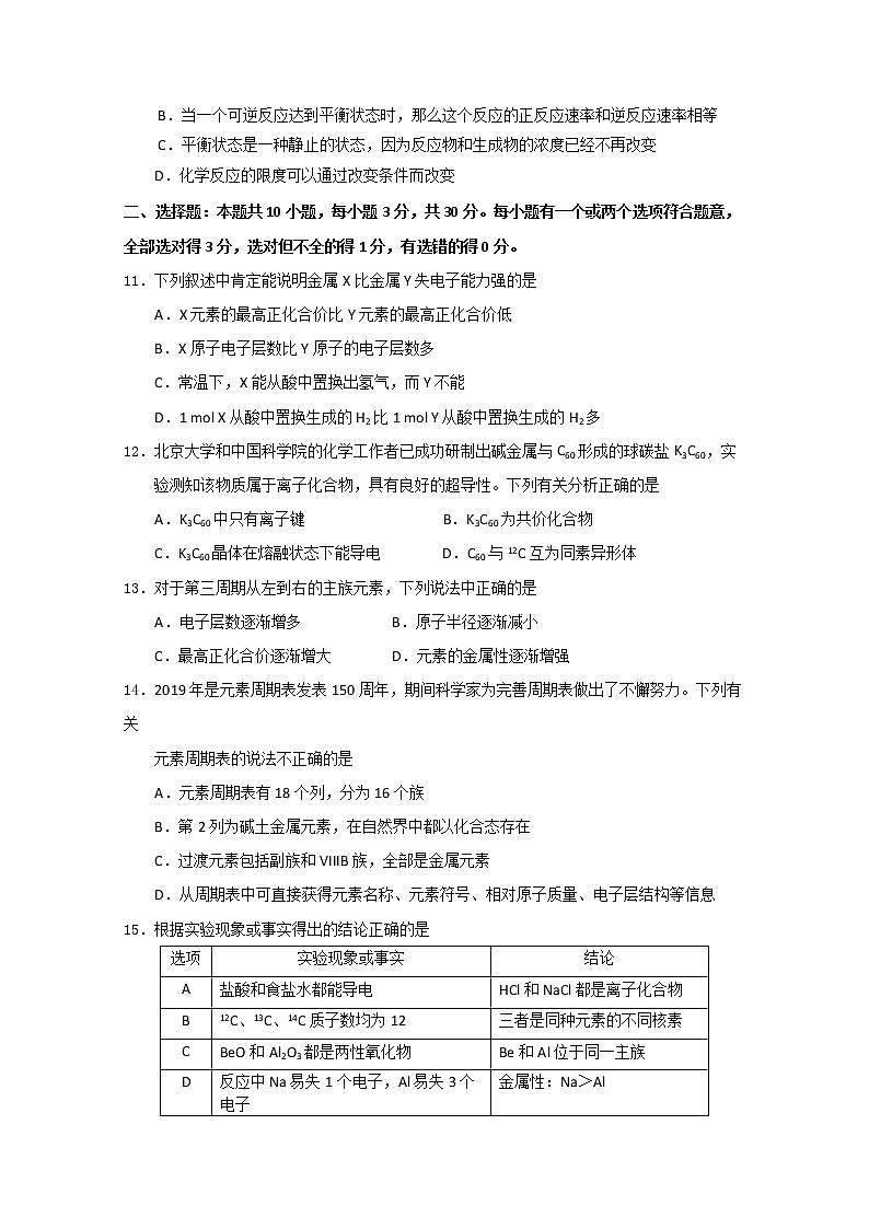 山东省肥城市2019-2020学年高一下学期期中考试化学试题03
