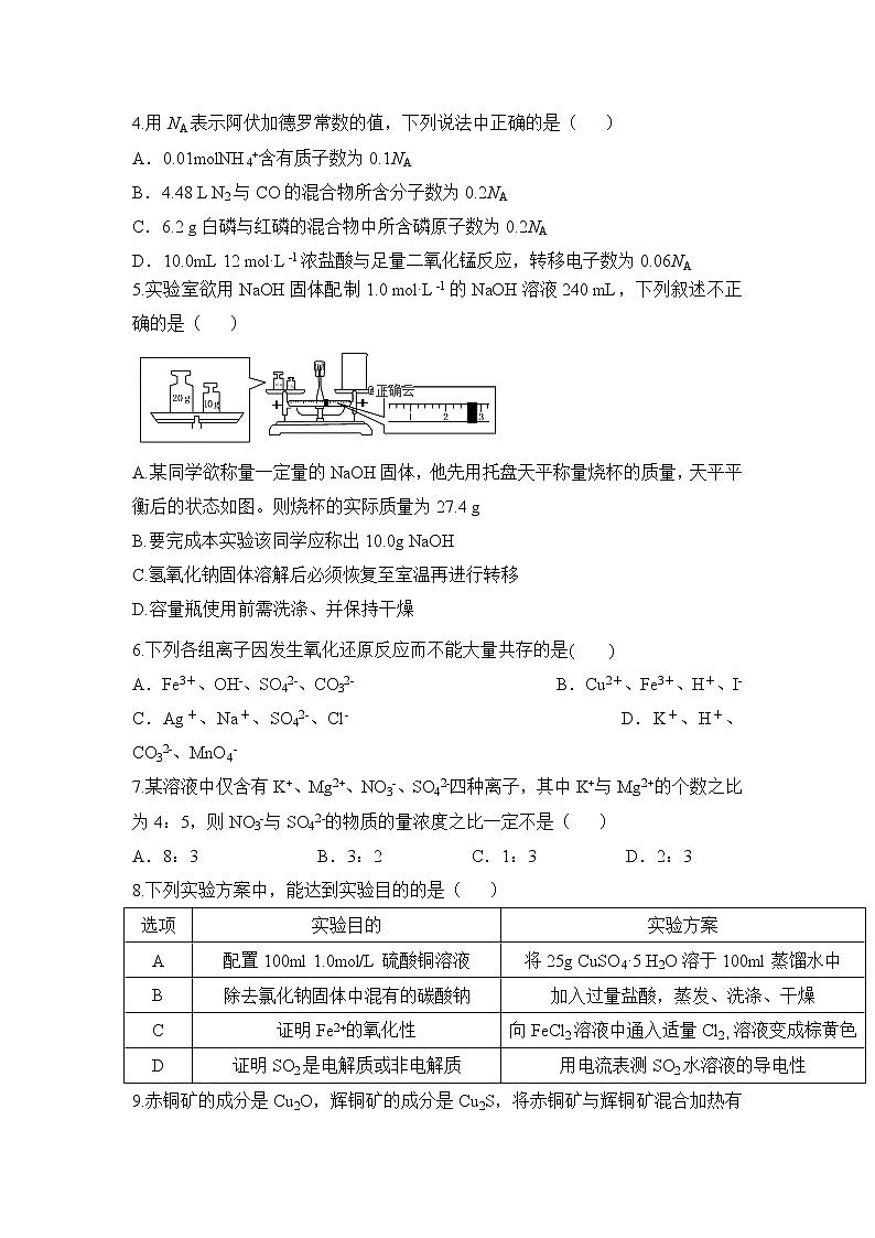 辽宁省六校协作体2019-2020年高一上学期期中考试化学试卷02