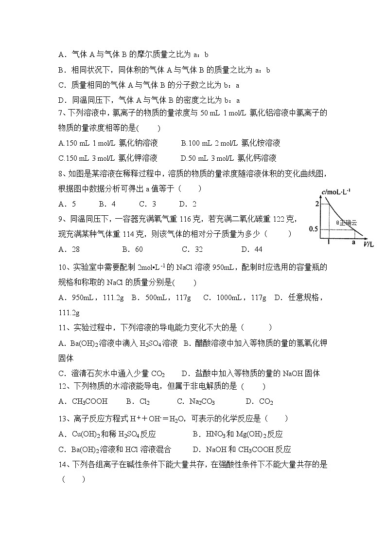 陕西省西安中学2019-2020学年高一上学期期中考试化学试卷02