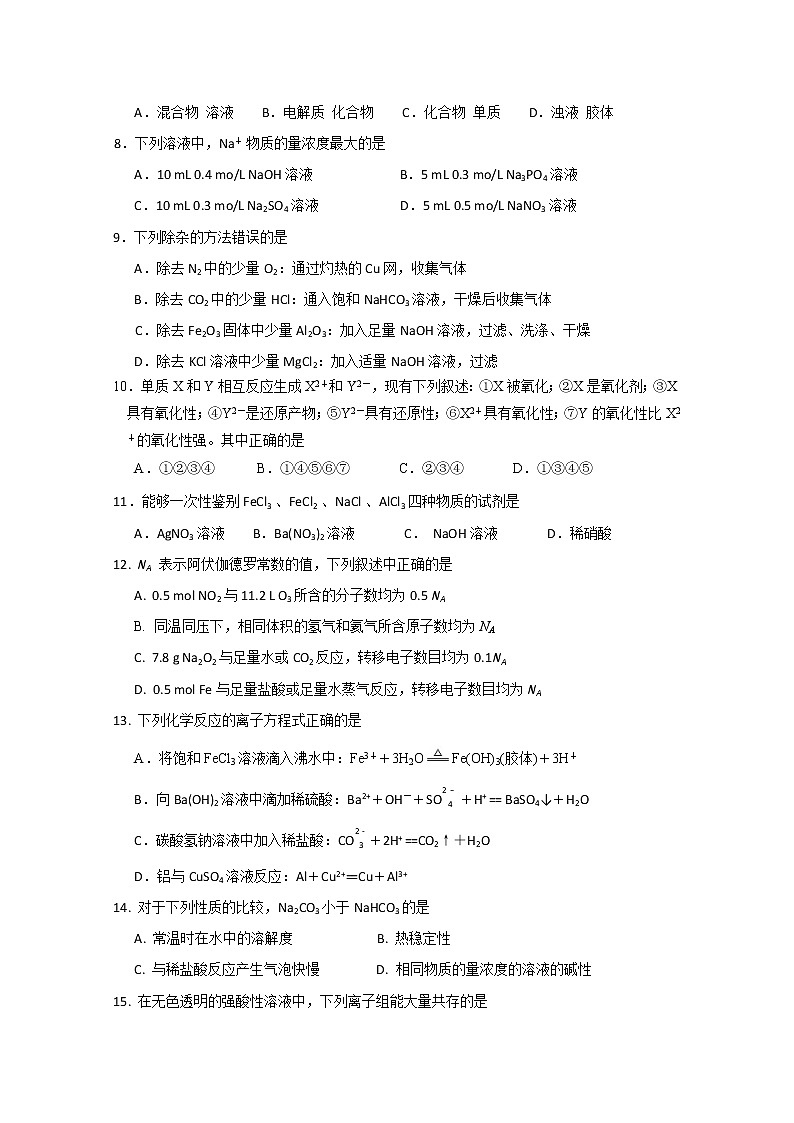 四川省绵阳南山中学2019-2020学年高一上学期期中考试化学试题02