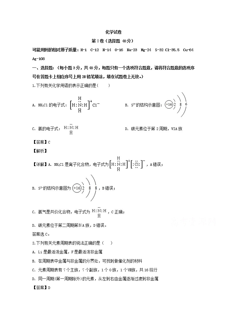 湖南省株洲市2019-2020学年高一上学期期中考试化学试题01