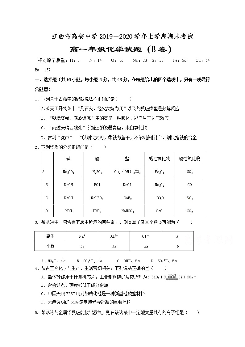 江西省高安中学2019-2020学年高一上学期期末考试化学试题（B卷）01