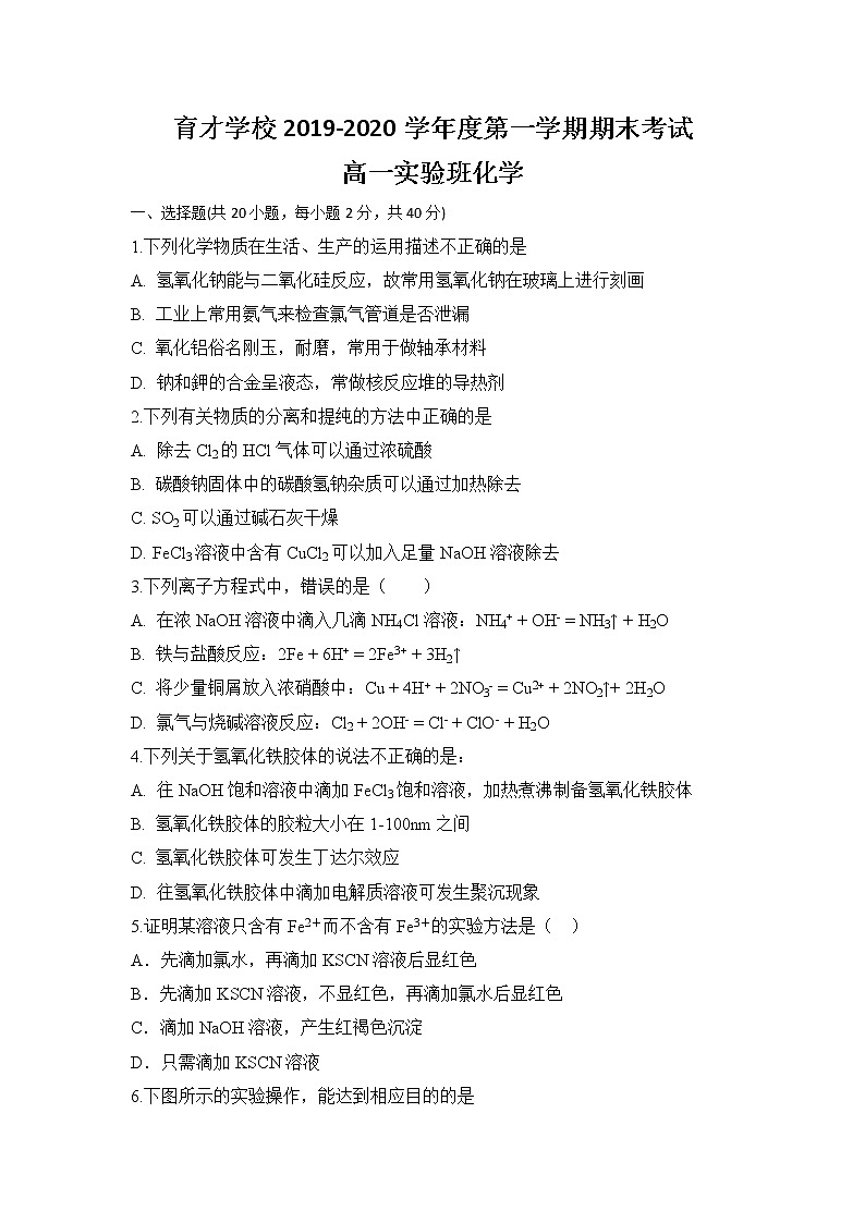 安徽省滁州市定远县育才学校2019-2020学年高一（实验班）上学期期末考试化学试题01