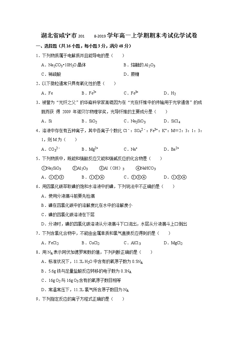 湖北省咸宁市2018-2019学年高一上学期期末考试化学试题01