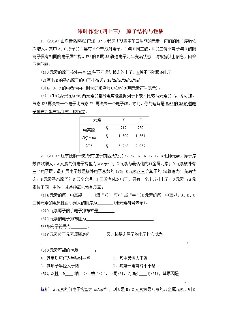 全国版2021高考化学一轮复习课时作业43原子结构与性质含解析 练习01
