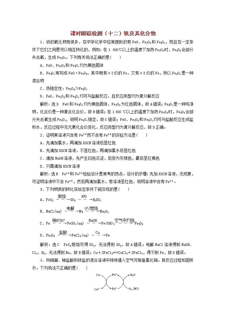 2021版高考化学一轮复习课时跟踪检测（十二）铁及其化合物（含解析）新人教版01