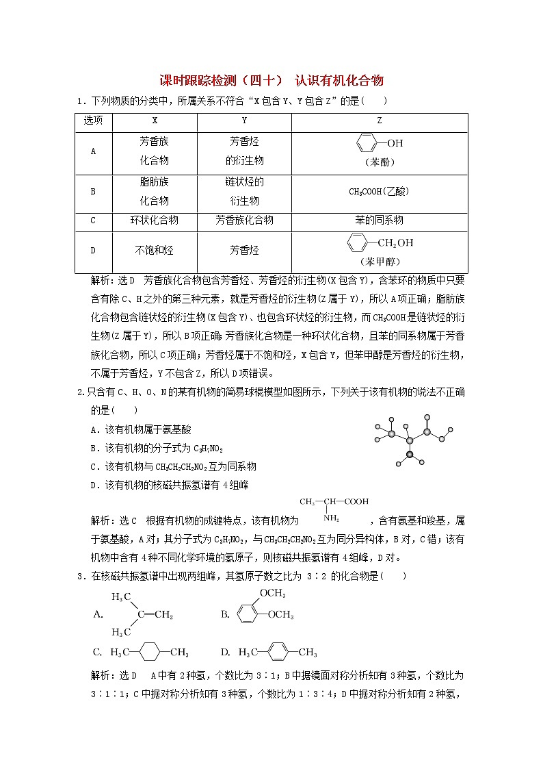 2021版高考化学一轮复习课时跟踪检测（四十）认识有机化合物（含解析）新人教版01