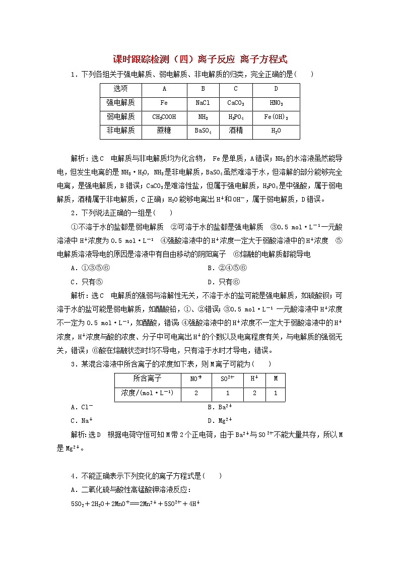 2021版高考化学一轮复习课时跟踪检测（四）离子反应离子方程式（含解析）新人教版01