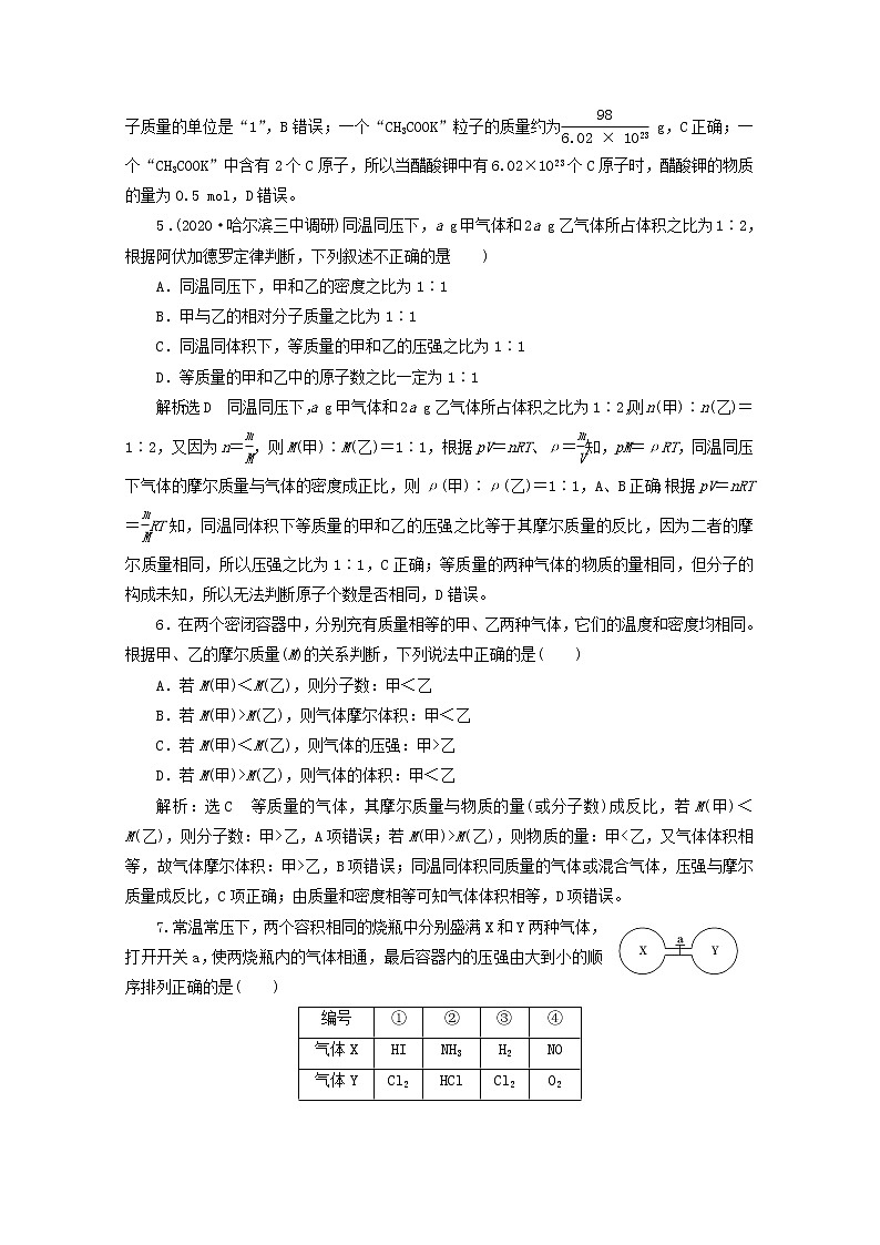 2021版高考化学一轮复习课时跟踪检测（一）物质的量气体摩尔体积（含解析）新人教版02