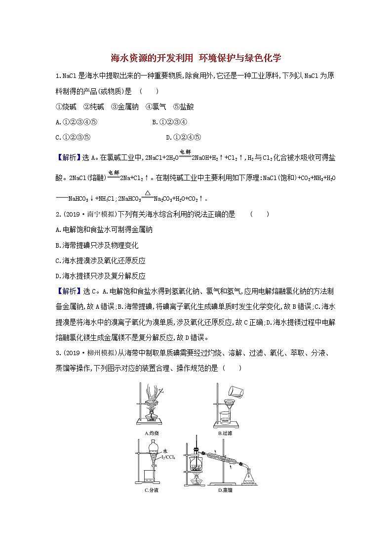 2021版高考化学一轮复习第四章非金属及其化合物5海水资源的开发利用环境保护与绿色化学强化训练1（含解析）新人教版01