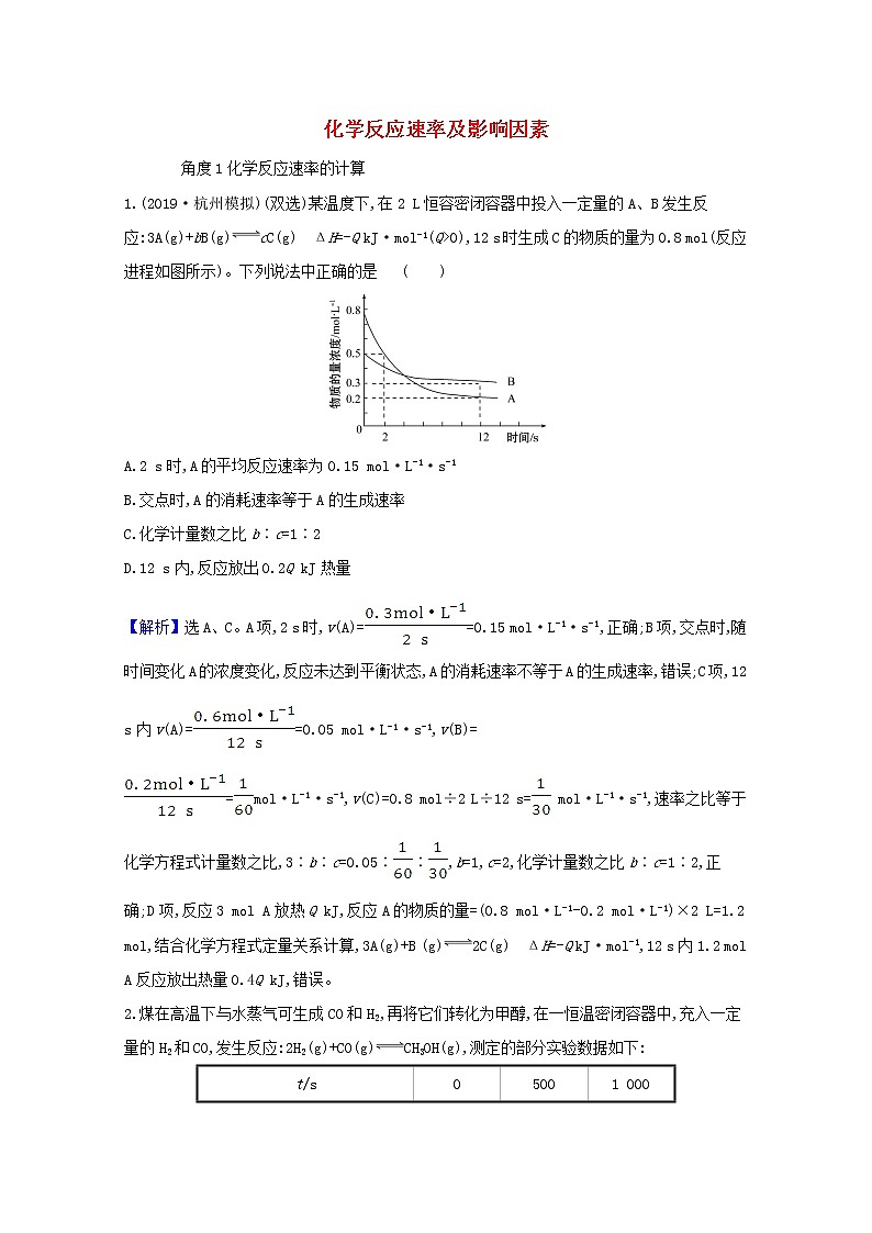 2021版高考化学一轮复习第七章化学反应速率和化学平衡1化学反应速率及影响因素强化训练1（含解析）新人教版01