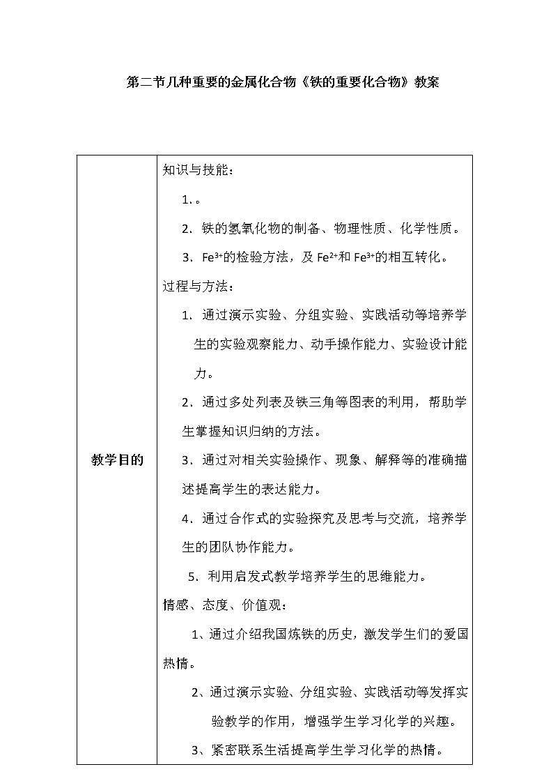 陕西省蓝田县焦岱中学人教版高中化学必修一：3.2几种重要的金属化合物《铁的重要化合物》教案01