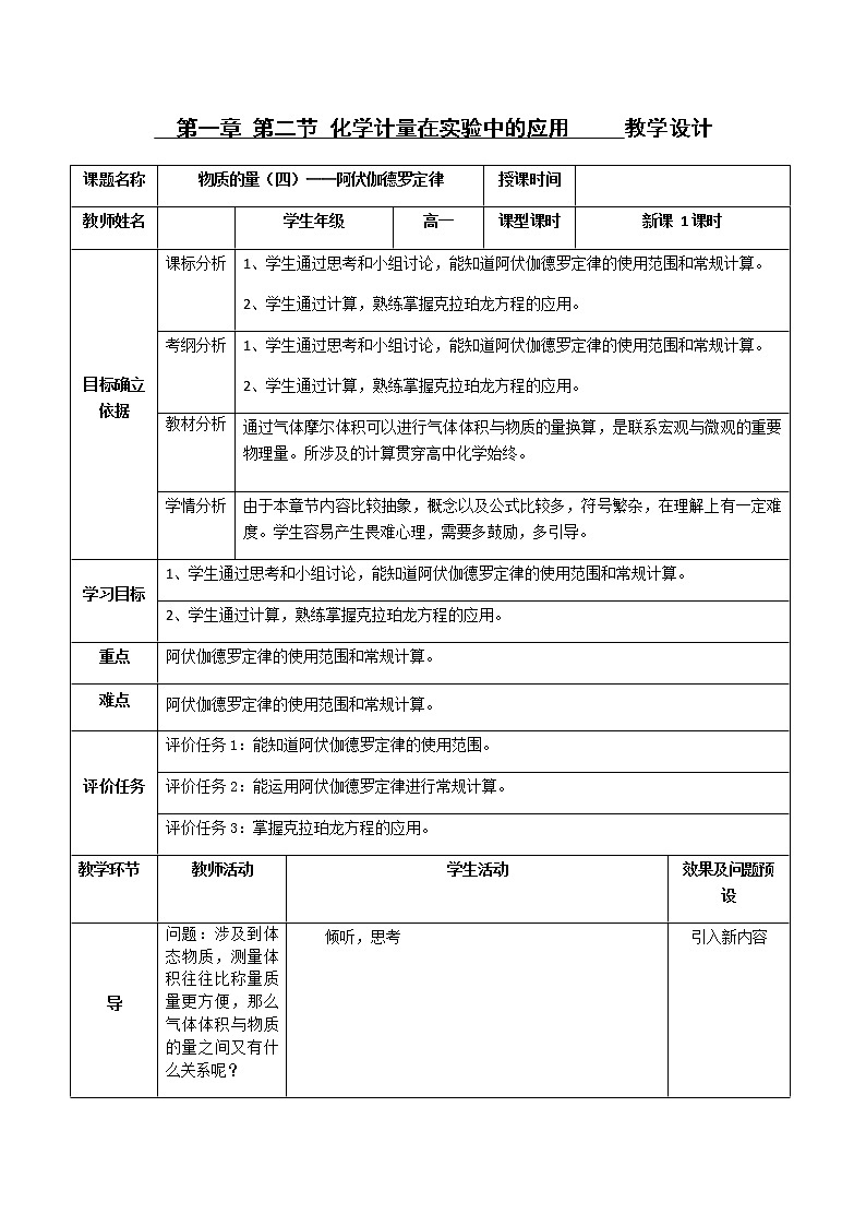 湖北省武汉为明学校人教版高一化学必修一：1.2.4物质的量（四）——阿伏伽德罗定律教案01