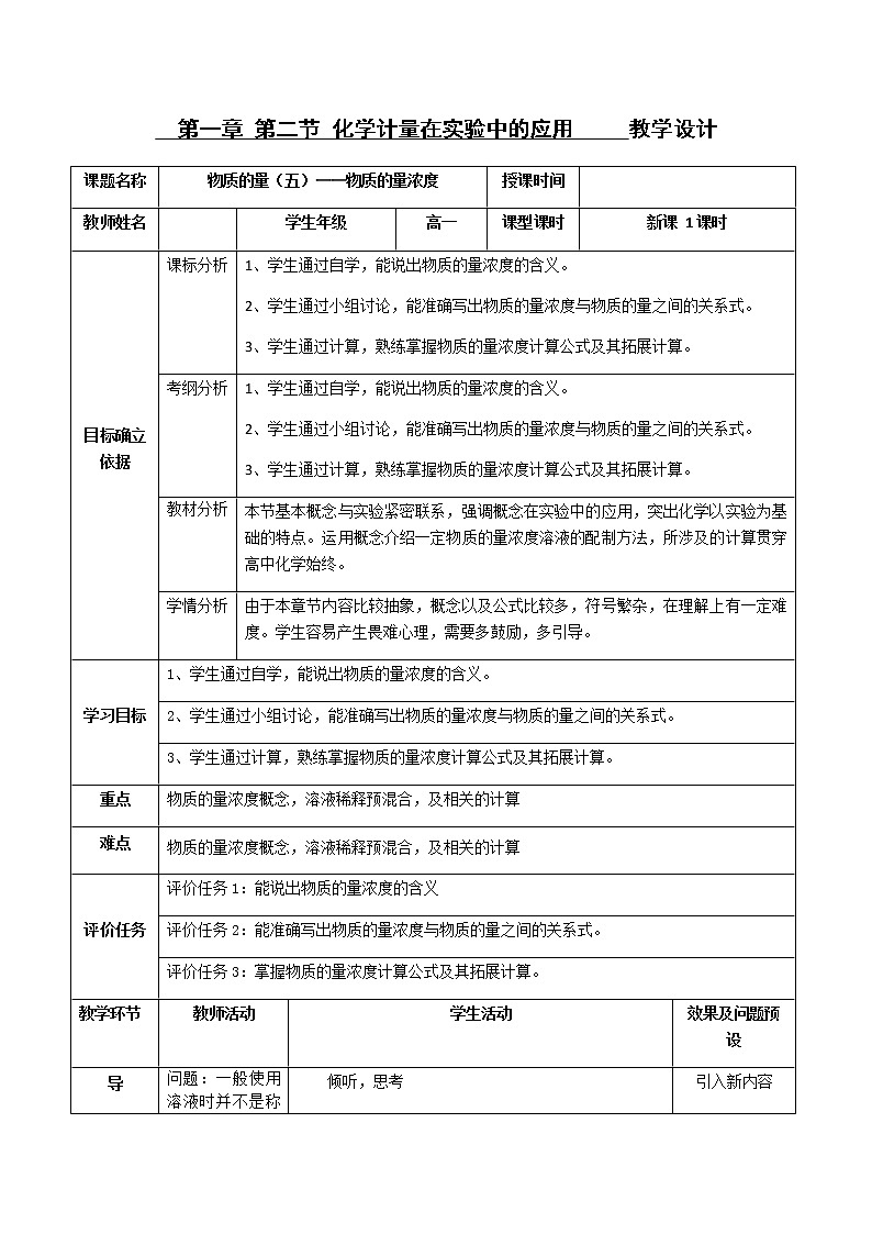 湖北省武汉为明学校人教版高一化学必修一：1.2.5物质的量（五）——物质的量浓度教案01