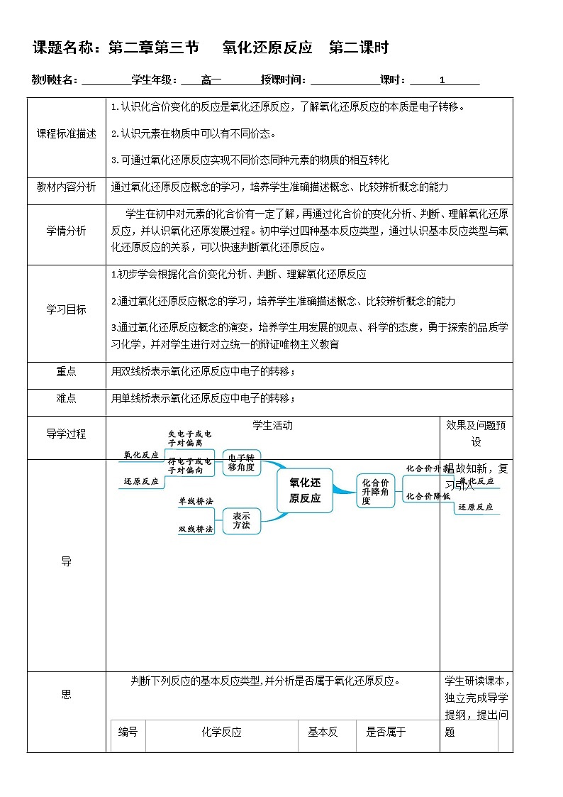 湖北省武汉为明学校人教版高一化学必修一：2.3.2氧化还原反应第2课时教案01