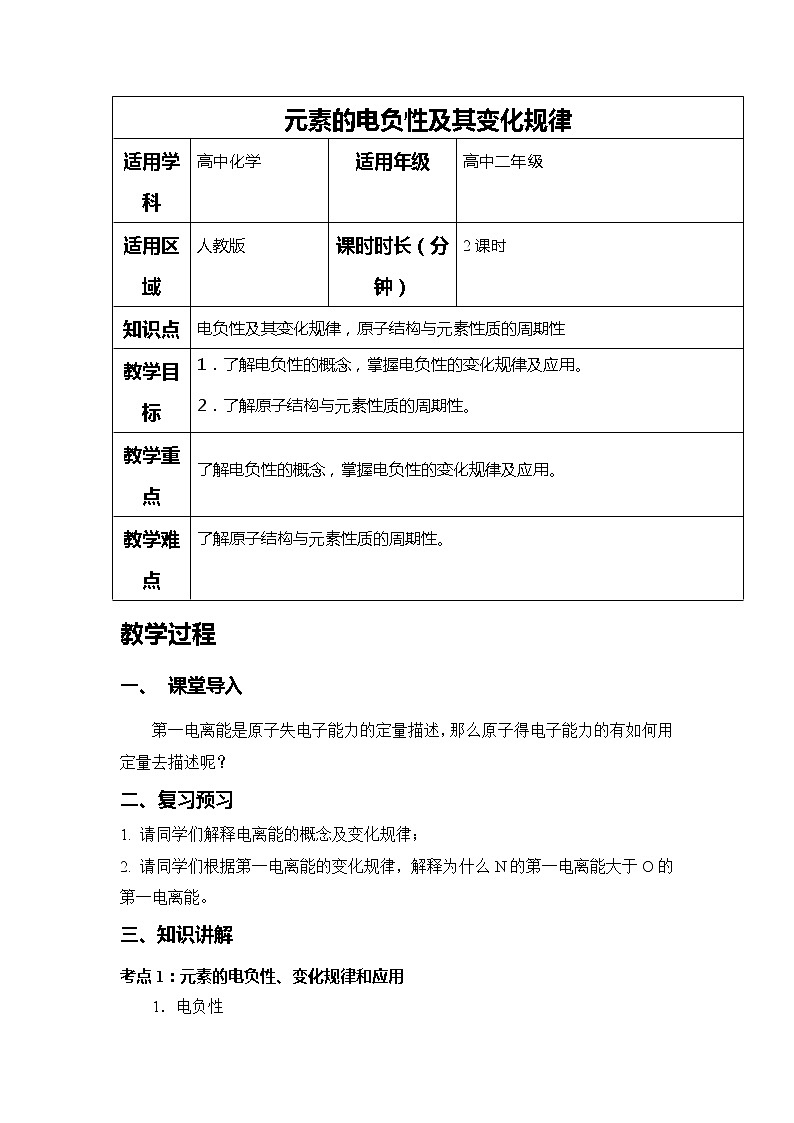 2018-2019学年高中化学人教版选修3教案：第一章原子结构与性质--元素的电负性及其变化规律01