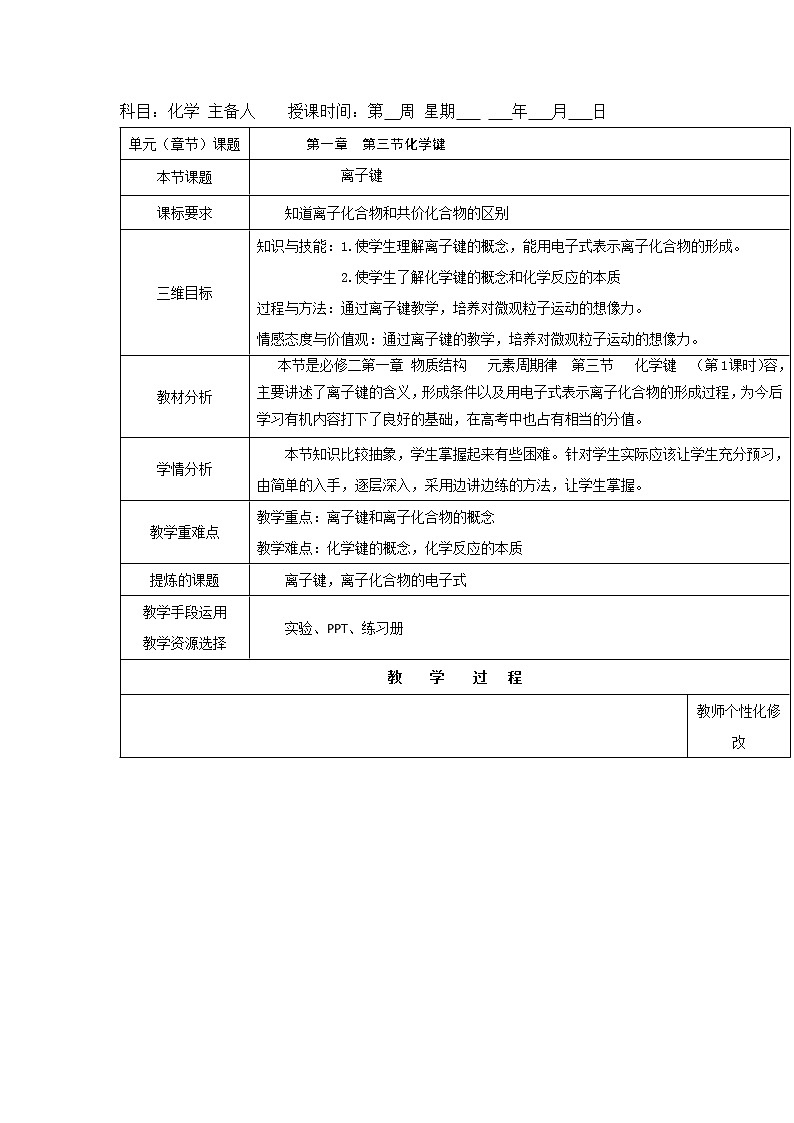 2018-2019学年高中化学人教版必修2教案：1.1化学键第一课时01