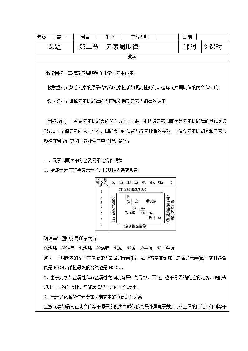 2018-2019学年高中化学人教版必修2教案：1.2.3元素周期表和元素周期律的应用01