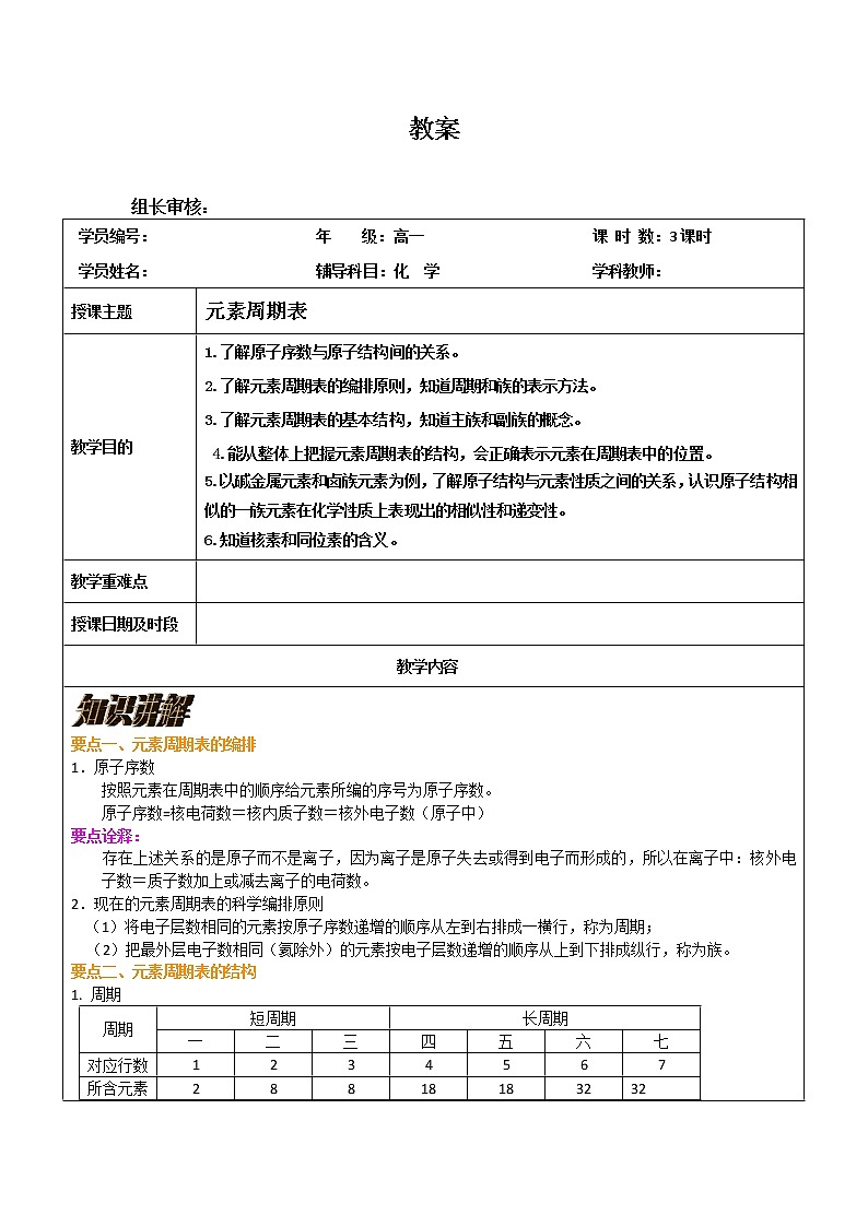 2018-2019学年高中化学人教版必修2教案：1-1元素周期表01