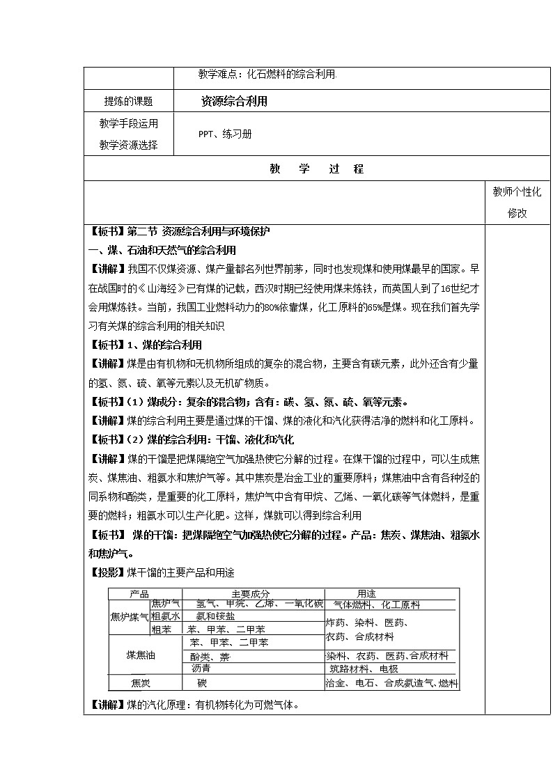 2018-2019学年高中化学人教版必修2教案：4.2资源综合利用与环境保护（第1课时）02