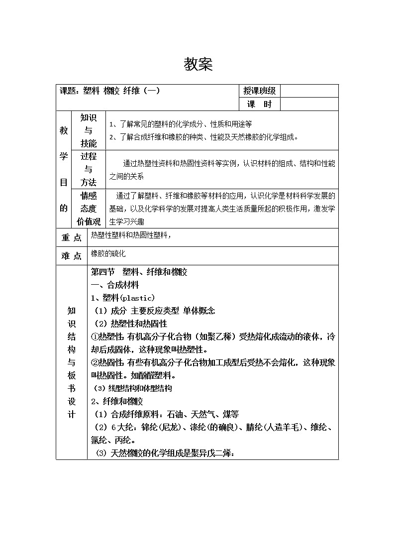 2018-2019学年高中化学鲁科版必修二教案：3.4塑料橡胶纤维(1)01